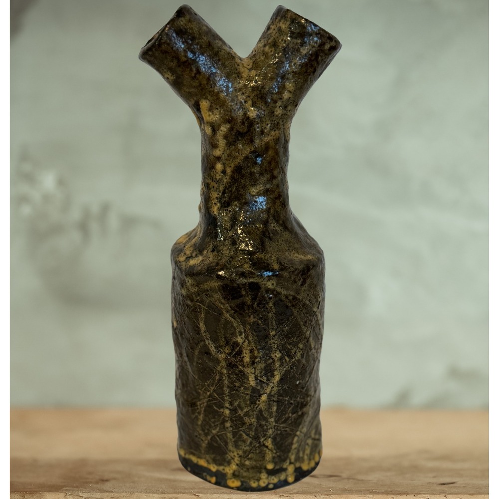 Rare Handmade Vase/Decorative Bottle –‎ Abstract Brown & Beige with 2 openings